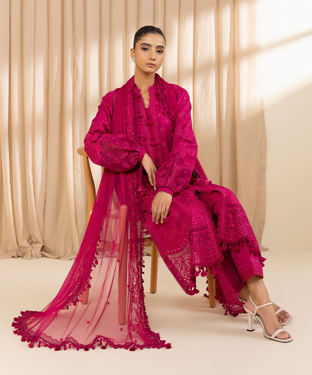Women’s Embroidered Fine Cotton Satin in Magenta